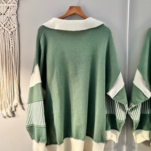 Peach Love California V-Neck Sweater in Green and Cream - Picture 3 of 3